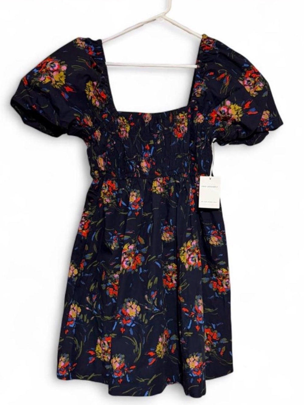 Navy Floral Puff-Sleeve Mini Dress